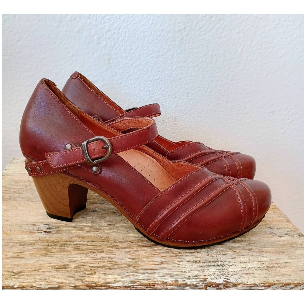Dansko Red Brown Leather Mary Jane Clog Heels Pleated Toe EU 39 US 8.5-9